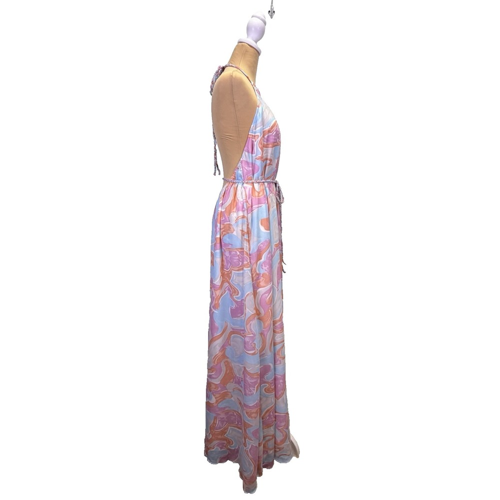 AAKAA Your New Muse Halter Maxi Dress Size S Pink Blue Abstract Resort NWT - Picture 3 of 10